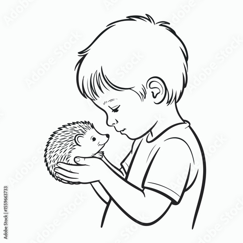 A curious young boy gently holding and observing a small hedgehog in a heartwarming black and white illustration