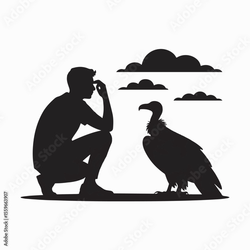Contemplative man and vulture silhouette symbolizing mortality and foresight on a plain landscape