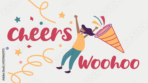 Excited person celebrating with a party popper and confetti shouting cheers and woohoo with joy and enthusiasm conveying a festive and happy mood