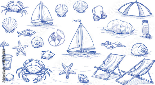 Nautical beach vector illustration: summer vacation design for print, hand drawn style