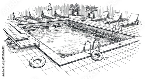 Hand drawn vector illustration of a poolside relaxation theme for summer design and decor