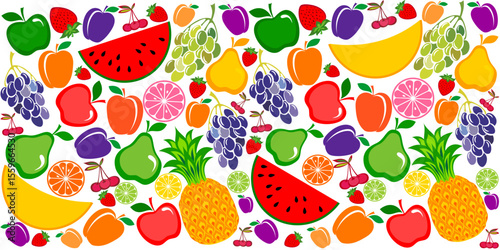 Fruits seamless pattern. Background of fresh falling mixed fruits isolated on white background. Healthy food. Top view, flat layout. Good for textile fabric design, wrapping paper, website wallpapers