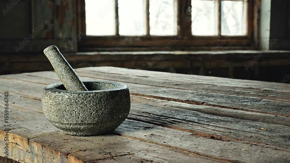 Rustic kitchen scene featuring a stone mortar and pestle on a weathered wooden table with a window