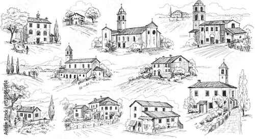Scenic italian countryside: hand drawn vector illustration for prints and posters