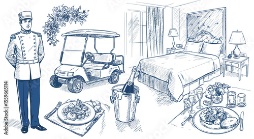 Luxurious hotel room vector illustration for hospitality design in hand drawn line style