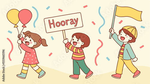 Three joyful cartoon children in a parade holding balloons a sign that says hooray and a flag celebrating a special event