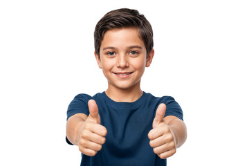 Smiling young boy showing two thumbs up isolated on transparent background