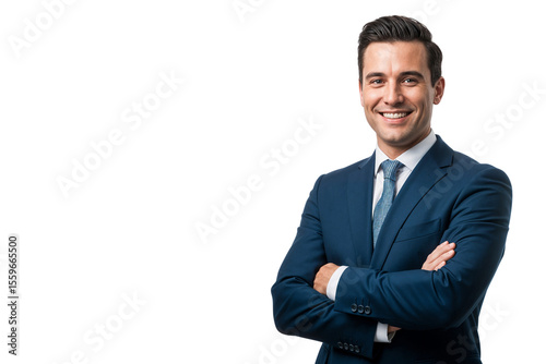 Portrait of a smiling corporate executive wearing a navy suit and tie, arms crossed, representing confidence and leadership