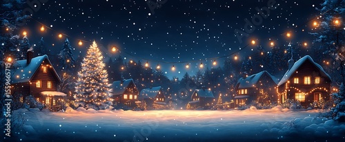 Winter scene with snowfall and christmas lights illuminated houses in the forest