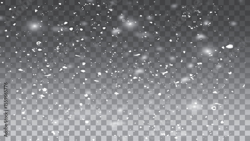 Falling Shining transparent beautiful, little snow isolated on transparent background. Snow flakes, snow background. Vector heavy snowfall, snowflakes in different shapes and forms.