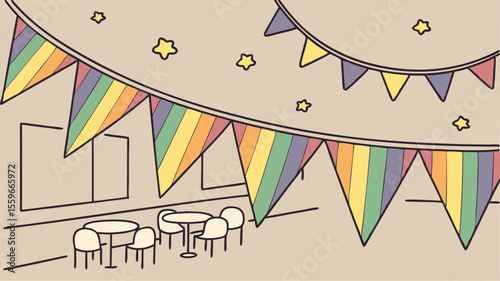 Charming cartoon illustration of outdoor cafe seating decorated with colorful rainbow pride bunting and festive stars against a light brown background