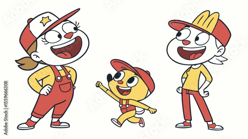 Three cheerful cartoon characters two girls and a dog wearing red and yellow overalls and baseball caps smiling and looking up with excitement and joy