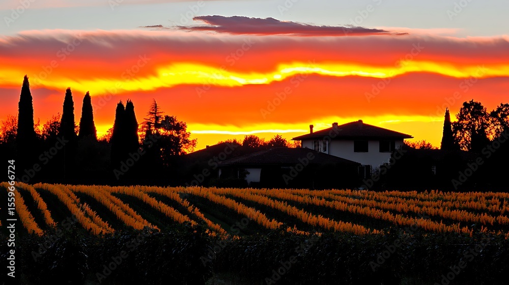 Obraz premium Vineyard Vista at Sunset: Golden hour painting a rural landscape vibrant
