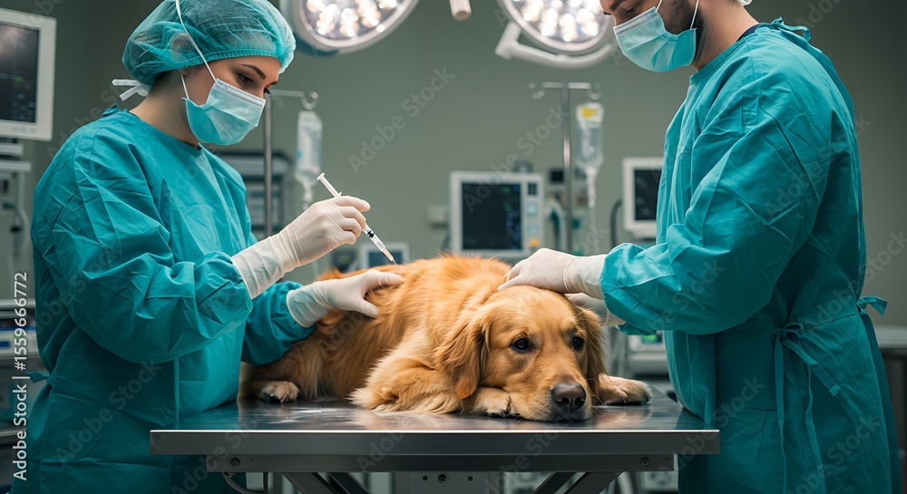 Veterinary surgery scene showing golden retriever being examined by professionals before procedure Veterinary surgery scene showing golden retriever being examined by professionals before procedure