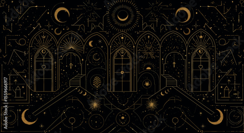 Mystical night sky vector illustration for poster design in geometric line art style
