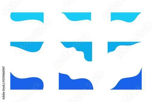 A set of abstract blue angular wavy shapes, page separation elements, banner, vector illustration. The detail of the edge for decoration, background, portrait, place for the title. Modern minimalist 