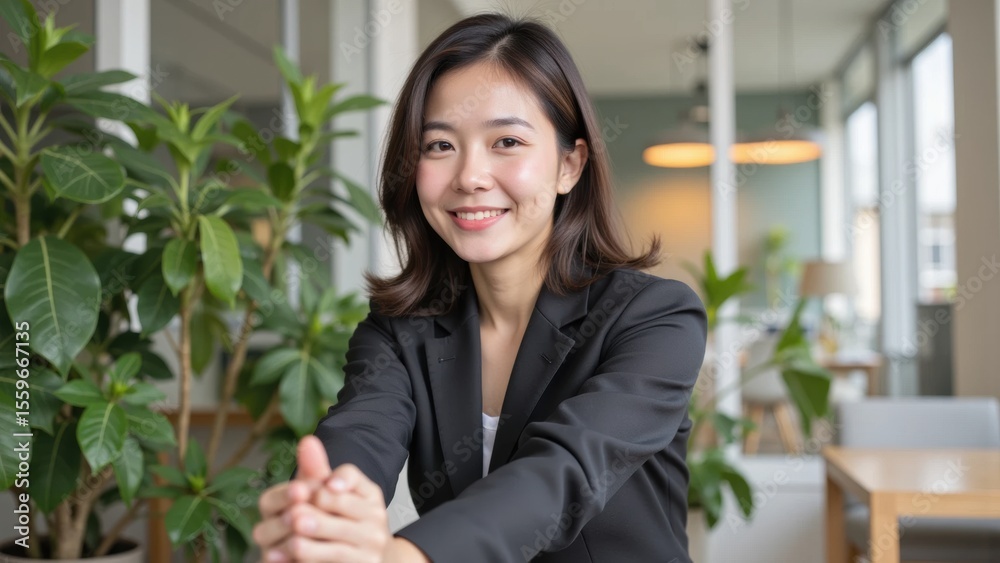 Fototapeta premium A professional woman smiles confidently, showcasing a positive work environment.