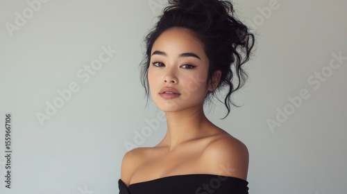 Portrait of a young Asian woman with dark hair in a messy bun, wearing a black off-the-shoulder top against a light grey background.