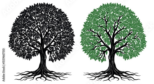 Nature contrast vector illustration: black and green tree design for posters and decor