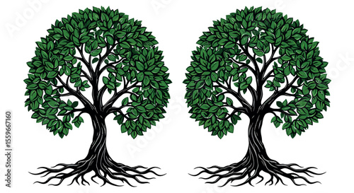 Green leafy tree design: nature vector illustration for posters or cards in hand drawn style