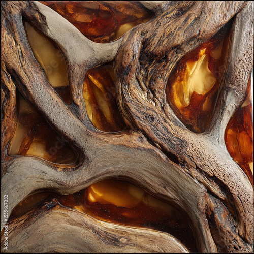A surreal pattern background drawing from the gnarled roots of mangrove wood blended with the translucent sap of acacia resin