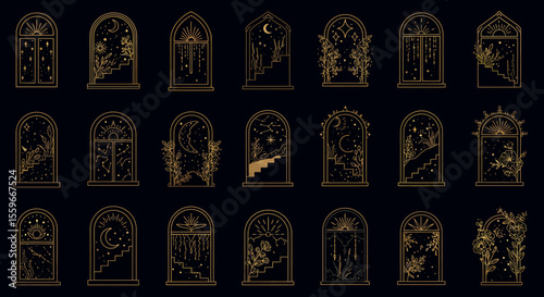 Vector illustration of celestial window designs with moon and stars in elegant line style for art decor