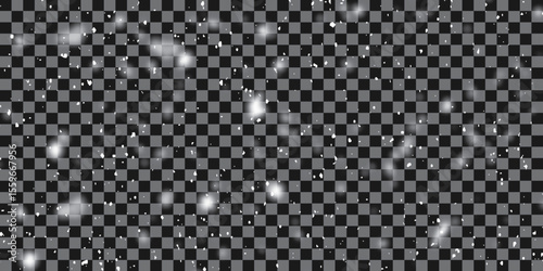 Falling  snow dust isolated on transparent background. Blurred snow particles. Flying glowing white dust. Vector illustration. EPS 10.