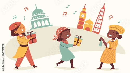 Three diverse children with gifts and musical notes celebrate international landmarks representing global unity and cultural exchange through joyous giving
