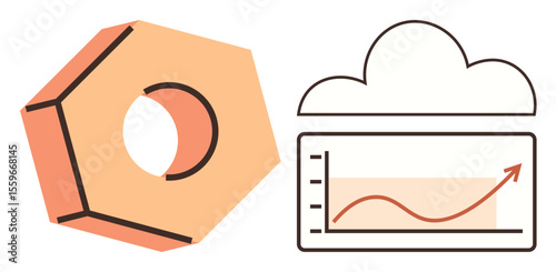 Hexagonal gear beside a cloud and graph with upward trendline, representing data analytics, cloud computing, technological advancement, business growth, innovation, optimization, and success. Ideal