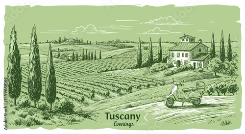 Vintage tuscany evenings vector illustration for poster and print design