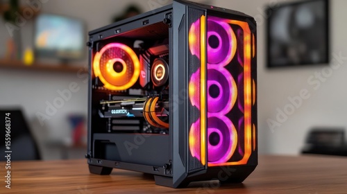 Illuminated Computer Case With Colorful Fans Displaying Internal Components Against Wooden Surface