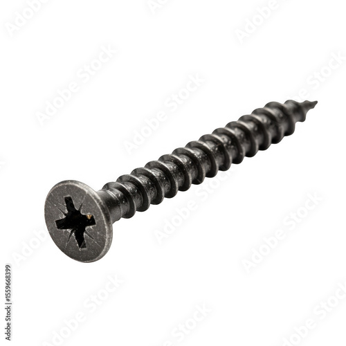 Close up of a single black metal screw with a phillips head isolated on transparent background