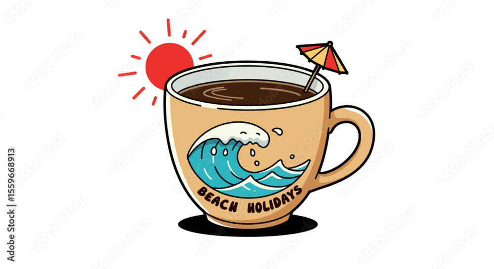 Obraz premium Beach holidays coffee cup vector illustration for summer design, perfect for print and poster