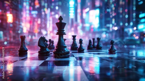 Wallpaper Mural Chess pieces on a board with a futuristic city backdrop. Torontodigital.ca