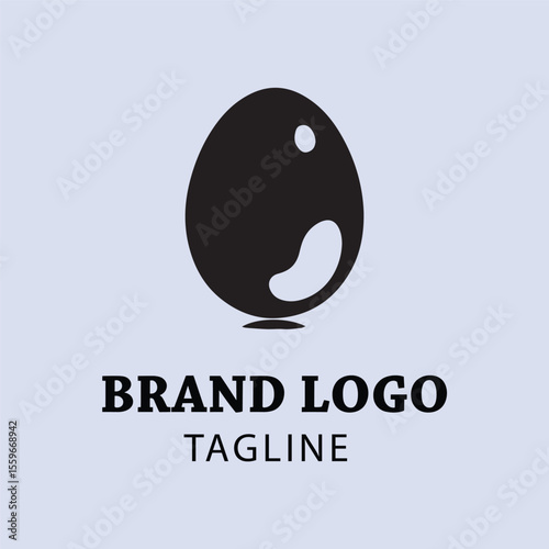 Black egg-shaped logo design with abstract organic shapes on a light purple background. Modern, simple logo for a brand or company with a tagline.