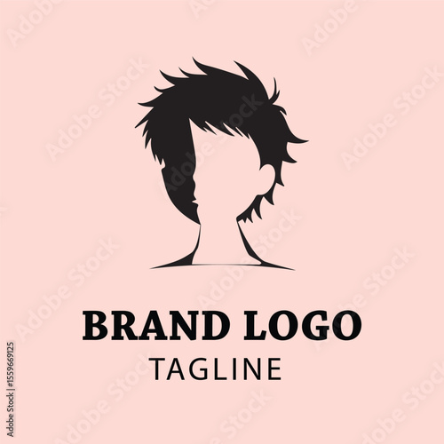 Stylish logo design featuring a stylized, unidentifiable person with short, spiky hair; minimalist silhouette of a person's head and neck on a light pink background.
