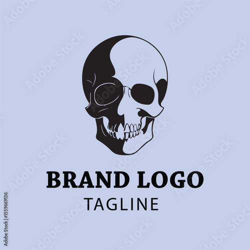 Skull logo design featuring a split image of a skull on a light purple background. Bold, graphic logo design for a brand or company.