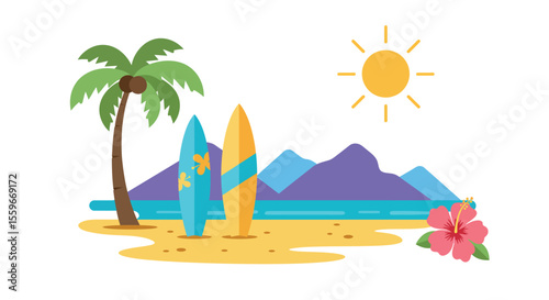 Summer beach scene vector illustration: tropical landscape design for poster, card - flat style