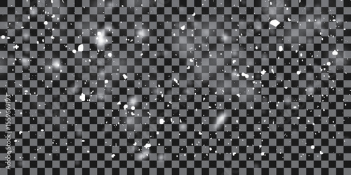 Falling snow particles blurred in motion on dark transparent background. snow dust. Vector illustration. EPS 10.