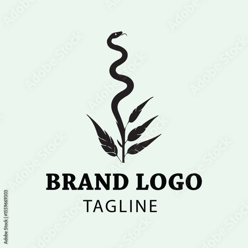Black silhouette logo design of a snake coiled around a stylized plant stem with leaves against a light mint background. Modern logo design featuring nature imagery for a health or wellness company.