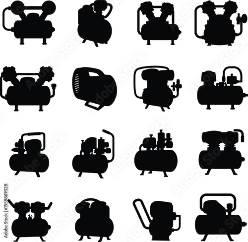 Air Compressor Silhouette Vector Icon Set. Industrial, Workshop, and Garage Equipment Outlines for Automotive, DIY, and Construction Projects. Power Tools Collection.