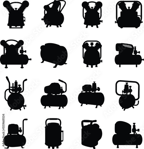 Air Compressor Silhouette Vector Icon Set. Industrial, Workshop, and Garage Equipment Outlines for Automotive, DIY, and Construction Projects. Power Tools Collection.