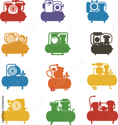 Colorful Air Compressor Vector Illustration Set. Industrial, Workshop, and Garage Equipment Icons for Automotive, DIY, and Construction Projects. Power Tools Collection.