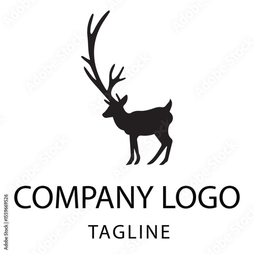 Black silhouette of a deer with large antlers, standing in profile view. Simple logo design for a company or brand.
