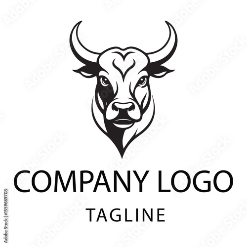 Black and white stylized bull head logo design for a company. Bold head-on view of a bull's head with detailed horns and facial features, set against a plain white background.