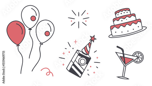 A festive collection of hand drawn party elements including balloons a tiered cake a champagne bottle with a party hat a cocktail and celebratory confetti on a white background
