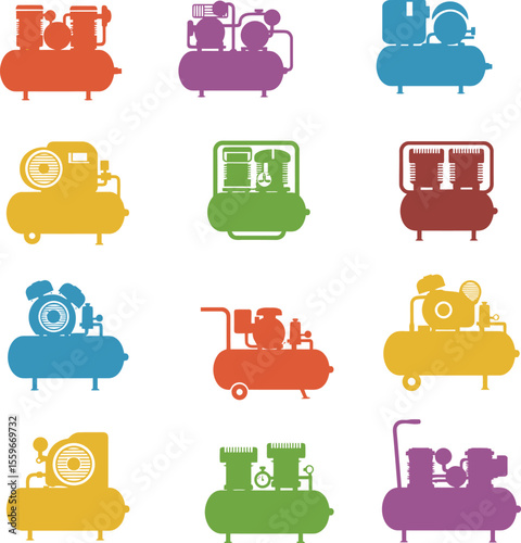Colorful Air Compressor Vector Illustration Set. Industrial, Workshop, and Garage Equipment Icons for Automotive, DIY, and Construction Projects. Power Tools Collection.
