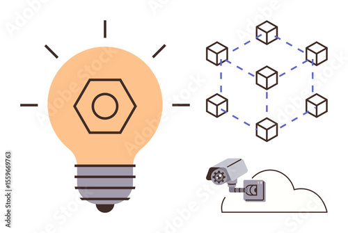 Lightbulb symbolizing ideas, cubes representing blockchain, CCTV camera inside cloud for security. Ideal for innovation, blockchain tech, cybersecurity, cloud computing, smart ideas, privacy