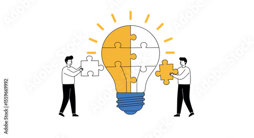 Collaborative problem solving vector illustration: teamwork and innovation puzzle concept for business design
