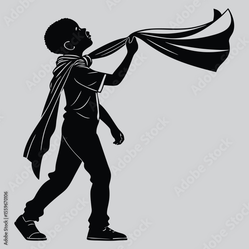 Boy tying a cape around neck silhouette vector design art and illustration